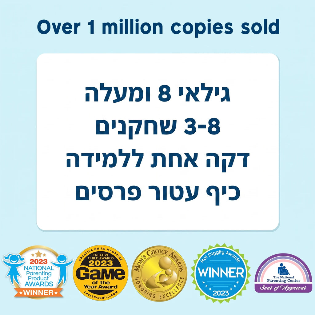 פרטי המשחק: גילאי 8 ומעלה, 3-8 שחקנים, דקה אחת ללמידה, ופרסים שהמשחק זכה בהם
